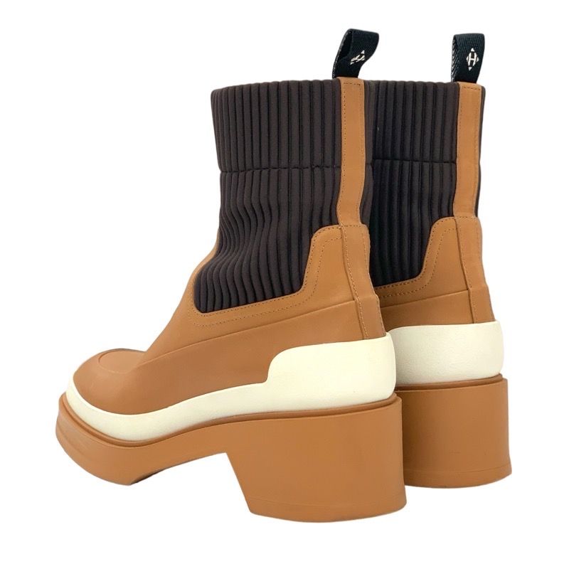 Hermes Boots Short Boots Shoes Leather Fabric Camel Brown Sock Boots