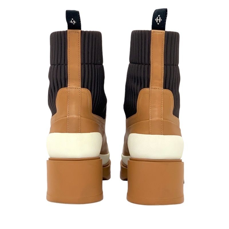 Hermes Boots Short Boots Shoes Leather Fabric Camel Brown Sock Boots