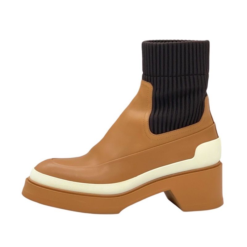 Hermes Boots Short Boots Shoes Leather Fabric Camel Brown Sock Boots