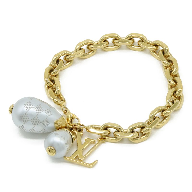 Louis Vuitton Bracelet Damier Pearl LV Logo Chain Bracelet GP Faux Pearl Gold