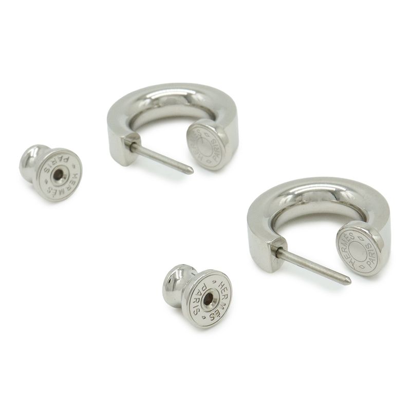 Hermes Auchelie Earrings Cadenas Hoop Earrings Metal Leather Silver Etoupe