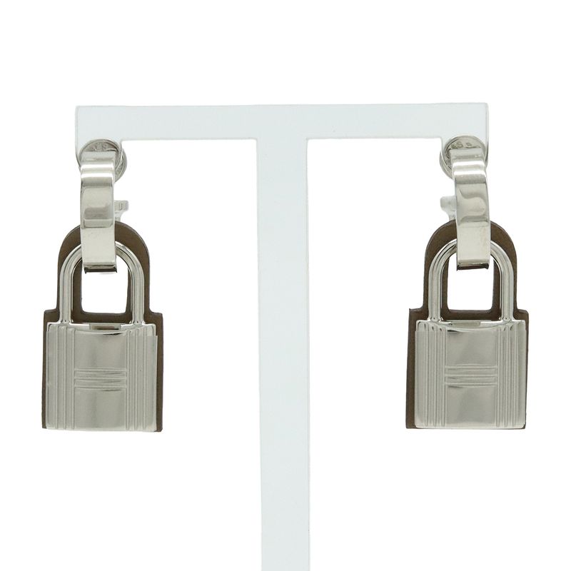 Hermes Auchelie Earrings Cadenas Hoop Earrings Metal Leather Silver Etoupe