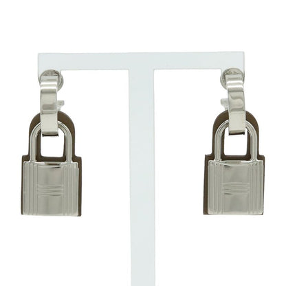 Hermes Auchelie Earrings Cadenas Hoop Earrings Metal Leather Silver Etoupe