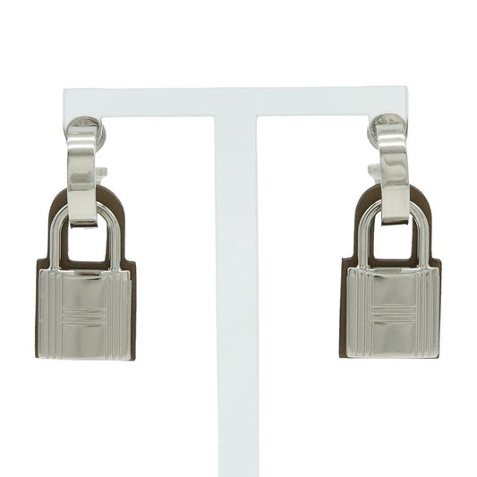 Hermes Auchelie Earrings Cadenas Hoop Earrings Metal Leather Silver Etoupe