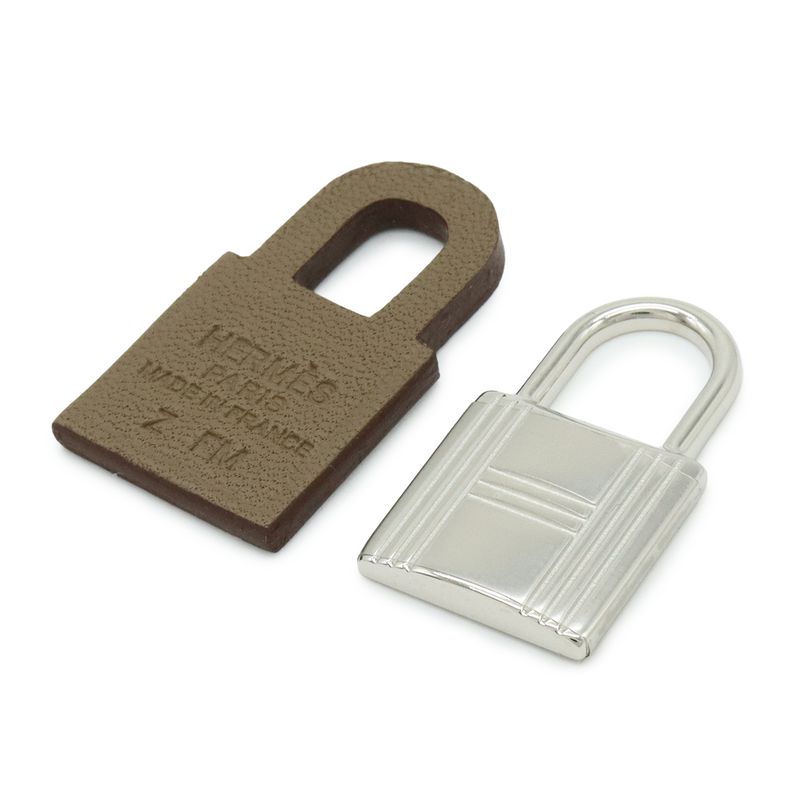 Hermes Auchelie Earrings Cadenas Hoop Earrings Metal Leather Silver Etoupe