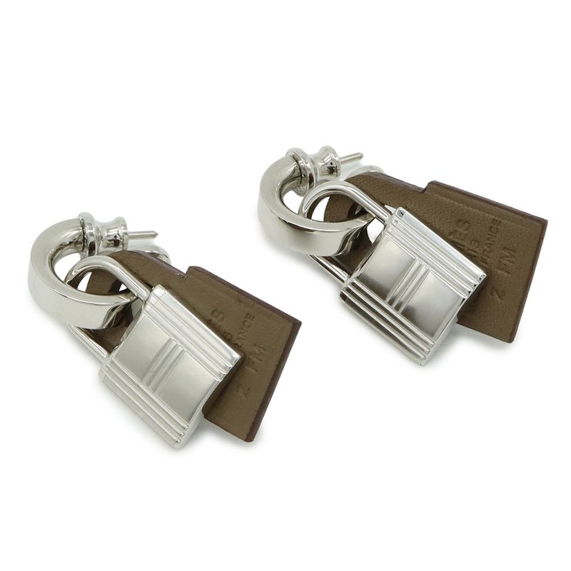 Hermes Auchelie Earrings Cadenas Hoop Earrings Metal Leather Silver Etoupe