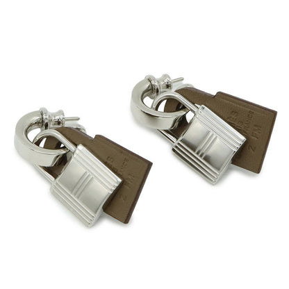 Hermes Auchelie Earrings Cadenas Hoop Earrings Metal Leather Silver Etoupe
