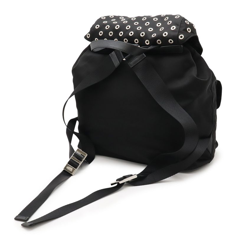 Prada Grommet Triangle Logo Backpack Sac Perforated Nylon Leather Nero Black