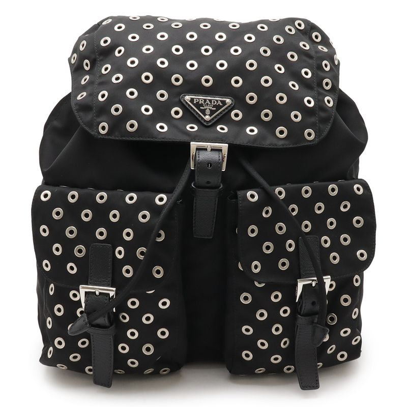 Prada Grommet Triangle Logo Backpack Sac Perforated Nylon Leather Nero Black