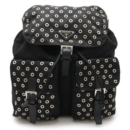 Prada Grommet Triangle Logo Backpack Sac Perforated Nylon Leather Nero Black
