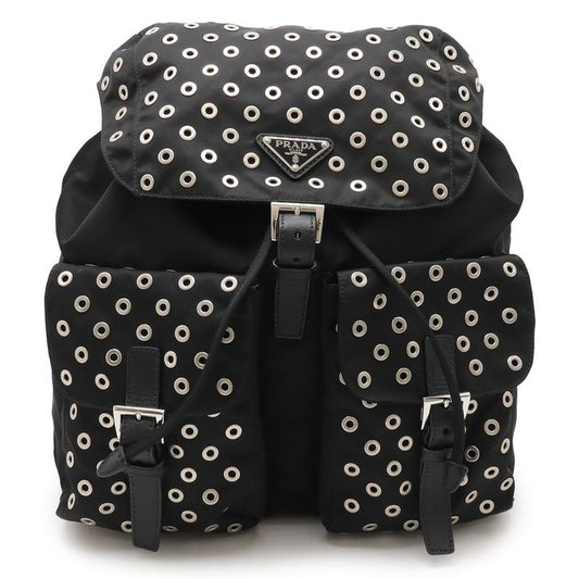 Prada Grommet Triangle Logo Backpack Sac Perforated Nylon Leather Nero Black