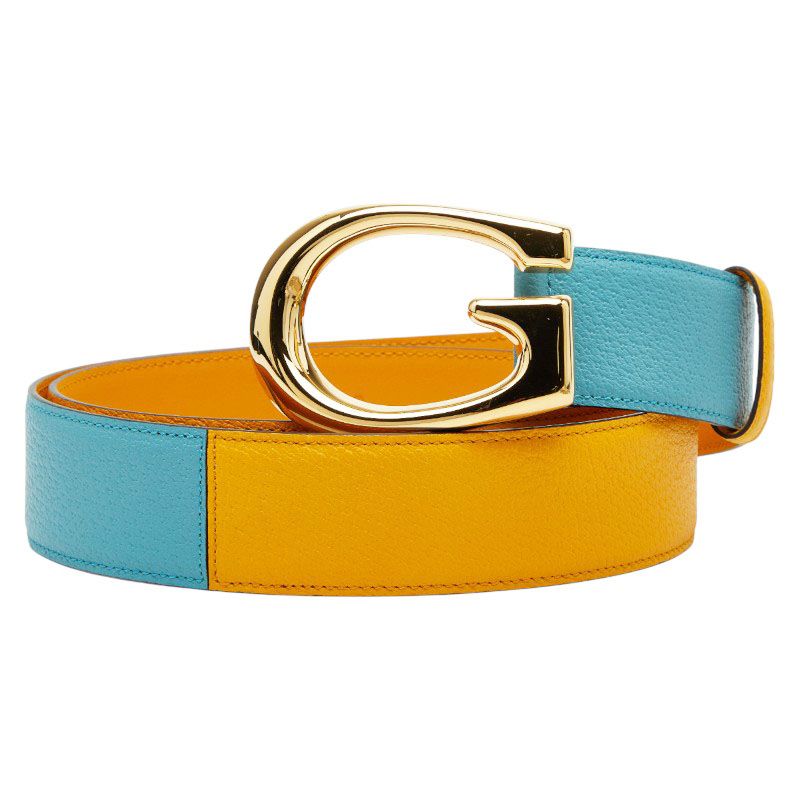 Gucci G Buckle Belt Size 95 and 38 709954 Yellow Blue Bicolor Leather Men's