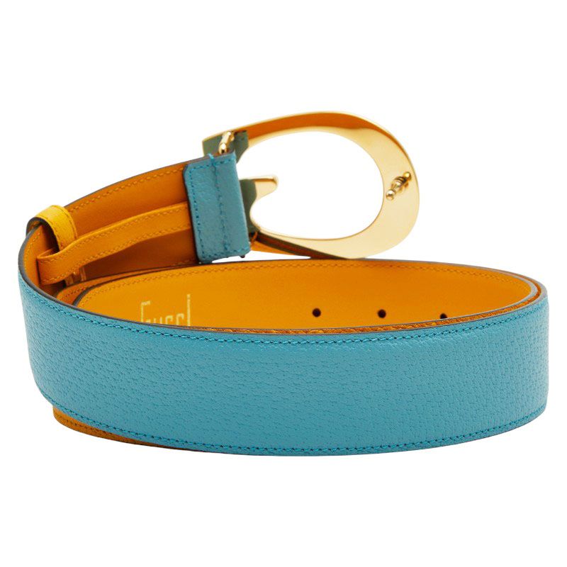 Gucci G Buckle Belt Size 95 and 38 709954 Yellow Blue Bicolor Leather Men's