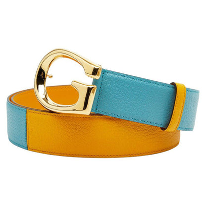 Gucci G Buckle Belt Size 95 and 38 709954 Yellow Blue Bicolor Leather Men's