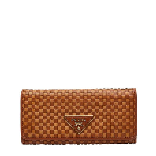 Prada Logo Braided Triangle Logo Plate Brown Leather Women Prada