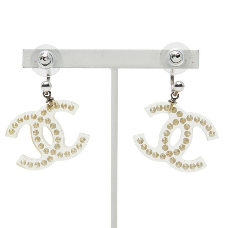 Chanel Coco Mark Rhinestone Clear Silver Plastic Metal Women's Chanel