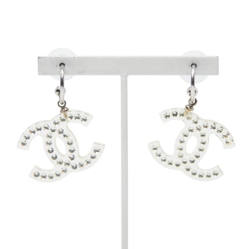 Chanel Coco Mark Rhinestone Clear Silver Plastic Metal Women's Chanel