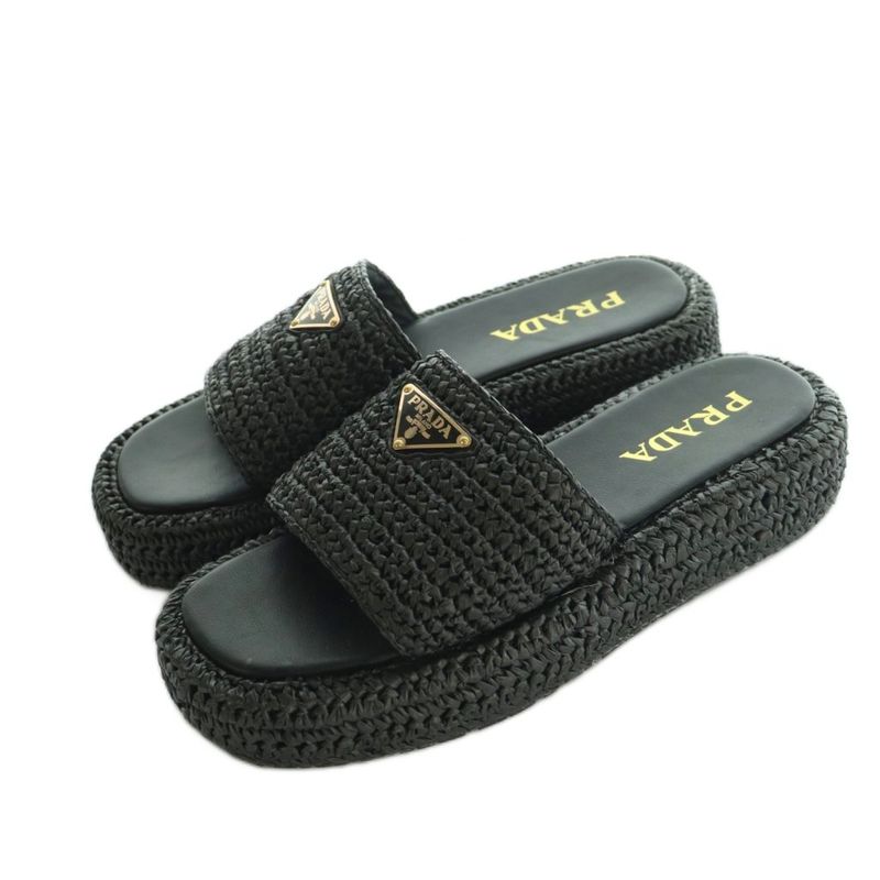Prada Sandals Crochet Platform Logo 25.0cm (9.84in) Black Mi - Gy20