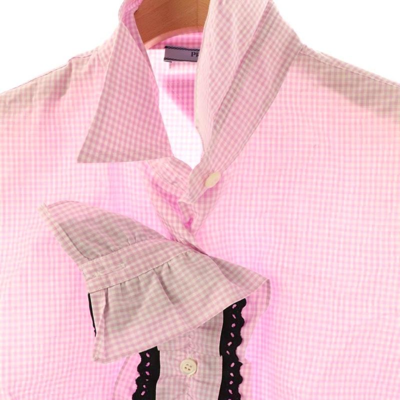 Prada Sleeveless Check Shirt Blouse Ruffle Cropped 40 Pink White Es - Gy20