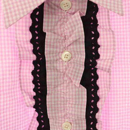 Prada Sleeveless Check Shirt Blouse Ruffle Cropped 40 Pink White Es - Gy20