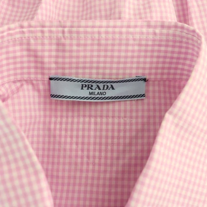 Prada Sleeveless Check Shirt Blouse Ruffle Cropped 40 Pink White Es - Gy20