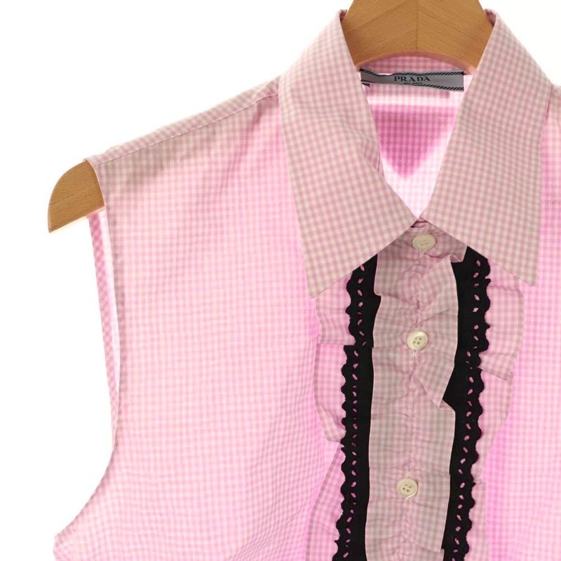 Prada Sleeveless Check Shirt Blouse Ruffle Cropped 40 Pink White Es - Gy20