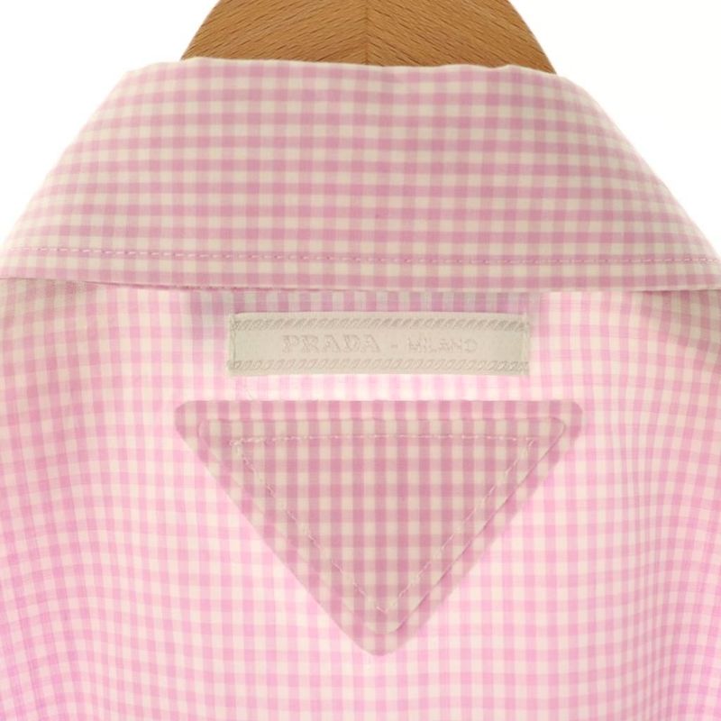 Prada Sleeveless Check Shirt Blouse Ruffle Cropped 40 Pink White Es - Gy20