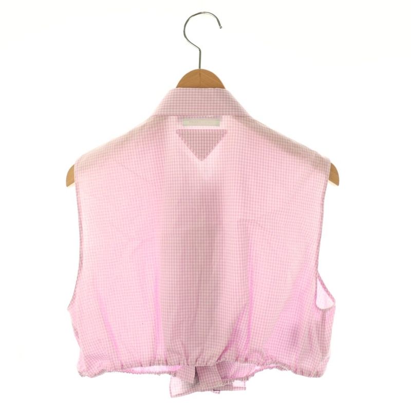 Prada Sleeveless Check Shirt Blouse Ruffle Cropped 40 Pink White Es - Gy20