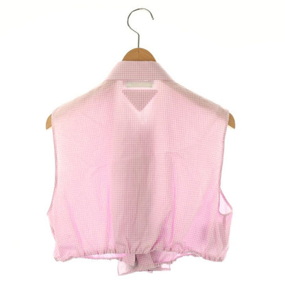 Prada Sleeveless Check Shirt Blouse Ruffle Cropped 40 Pink White Es - Gy20