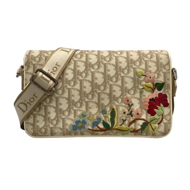 Dior Christian Dior Shoulder Bag Flower Ivory X Brown X Multi Leather