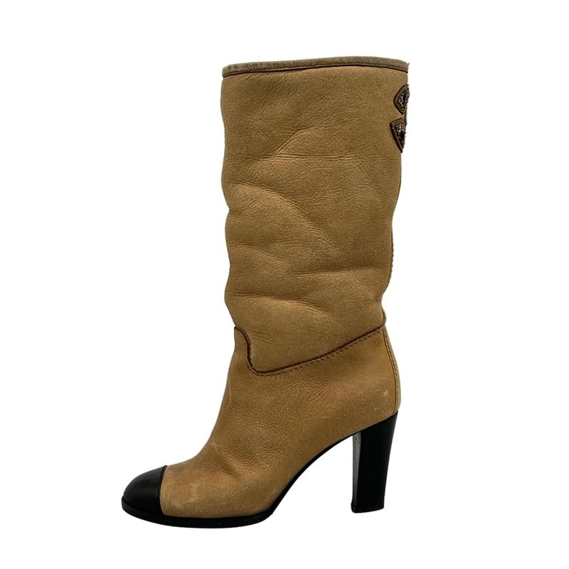 Chanel Long Boots 36 C Women's Beige and Black Outsole Reupholstered Coco Mark