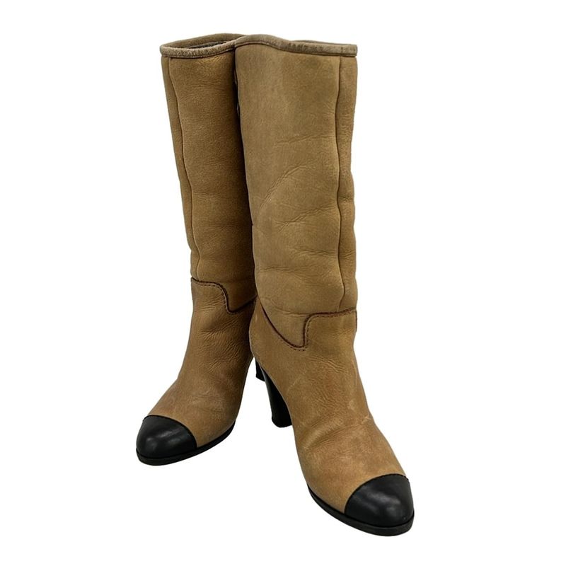Chanel Long Boots 36 C Women's Beige and Black Outsole Reupholstered Coco Mark