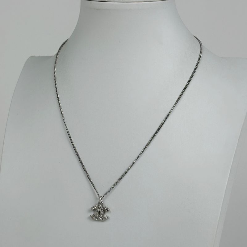Chanel Coco Mark Rhinestone Necklace Silver Plated Silver Ladies