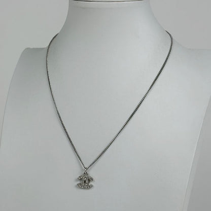 Chanel Coco Mark Rhinestone Necklace Silver Plated Silver Ladies