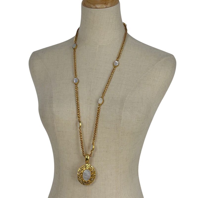 Chanel Coco Mark Chain Necklace Long GP Gold White Ladies