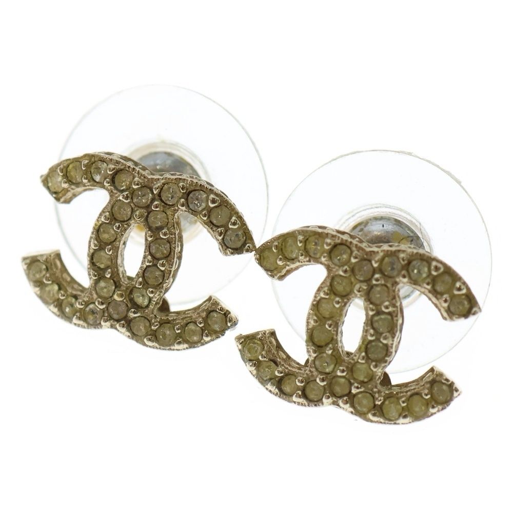 Chanel Earrings Coco Mark Gold Rhinestone X GP