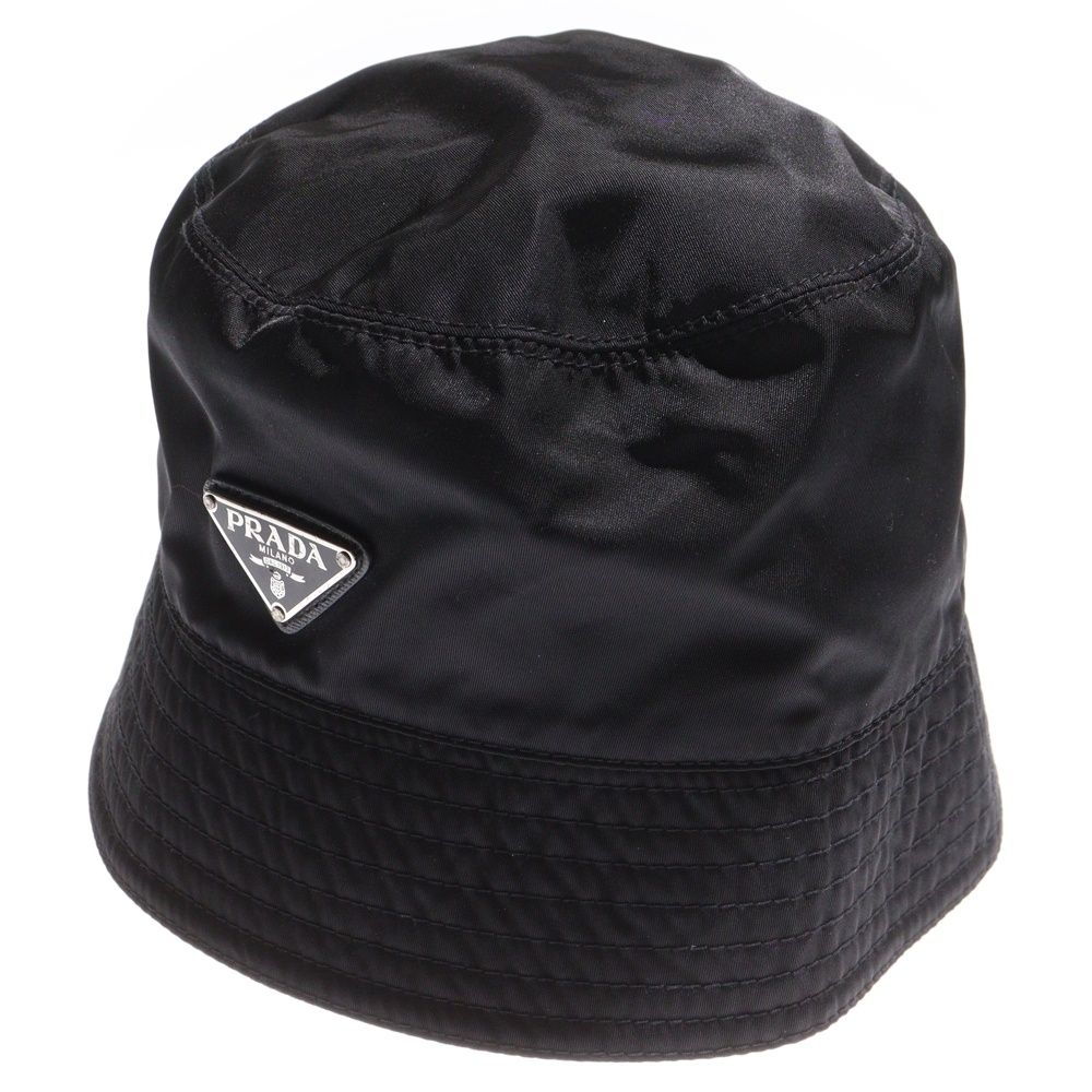 Prada Re-Nylon Triangle Logo Plate Bucket Hat Hat Black 2hc137 2dmi
