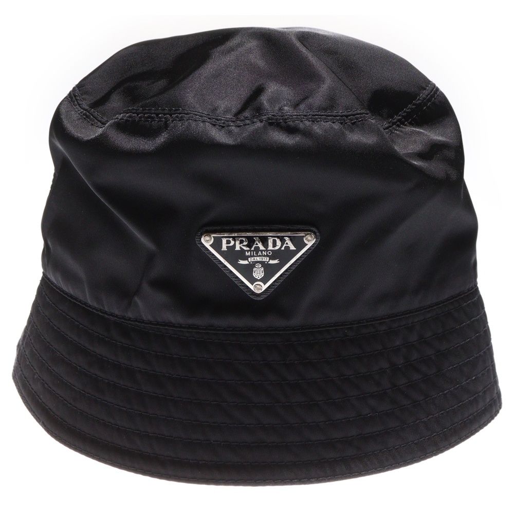 Prada Re-Nylon Triangle Logo Plate Bucket Hat Hat Black 2hc137 2dmi