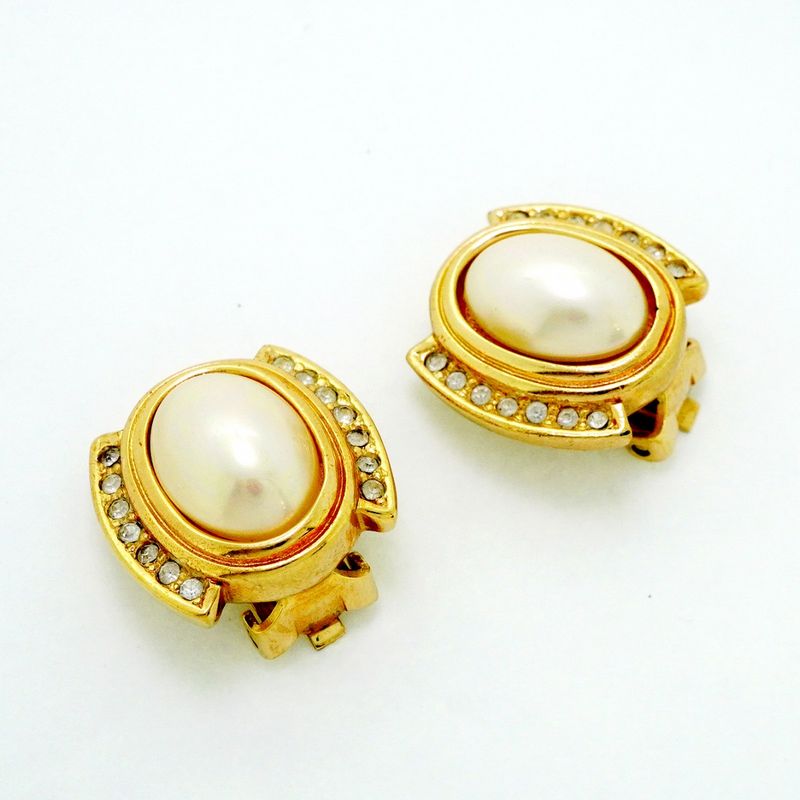 Christian Dior Earrings GP Plated Faux Pearl Rhinestone Gold Ladies