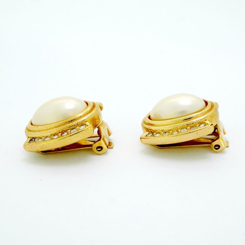 Christian Dior Earrings GP Plated Faux Pearl Rhinestone Gold Ladies