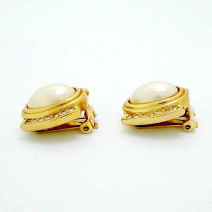 Christian Dior Earrings GP Plated Faux Pearl Rhinestone Gold Ladies