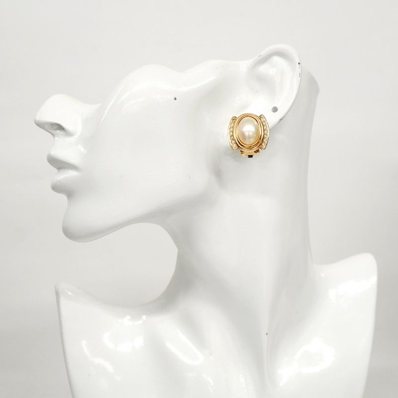 Christian Dior Earrings GP Plated Faux Pearl Rhinestone Gold Ladies