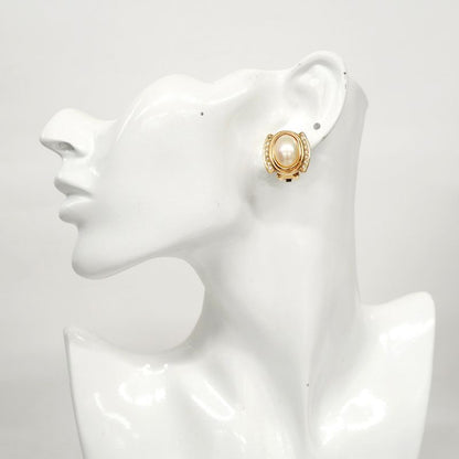 Christian Dior Earrings GP Plated Faux Pearl Rhinestone Gold Ladies