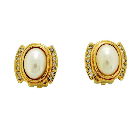 Christian Dior Earrings GP Plated Faux Pearl Rhinestone Gold Ladies