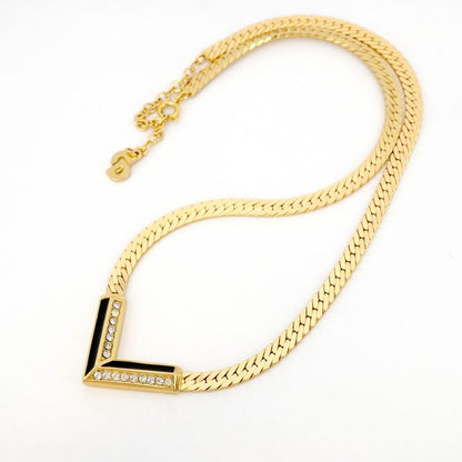 Christian Dior Necklace GP Plated Rhinestone Gold Black Cles Deuce