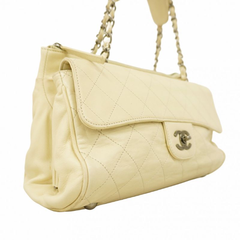 Chanel Shoulder Bag Matelasse Lambskin White Silver Hardware Women