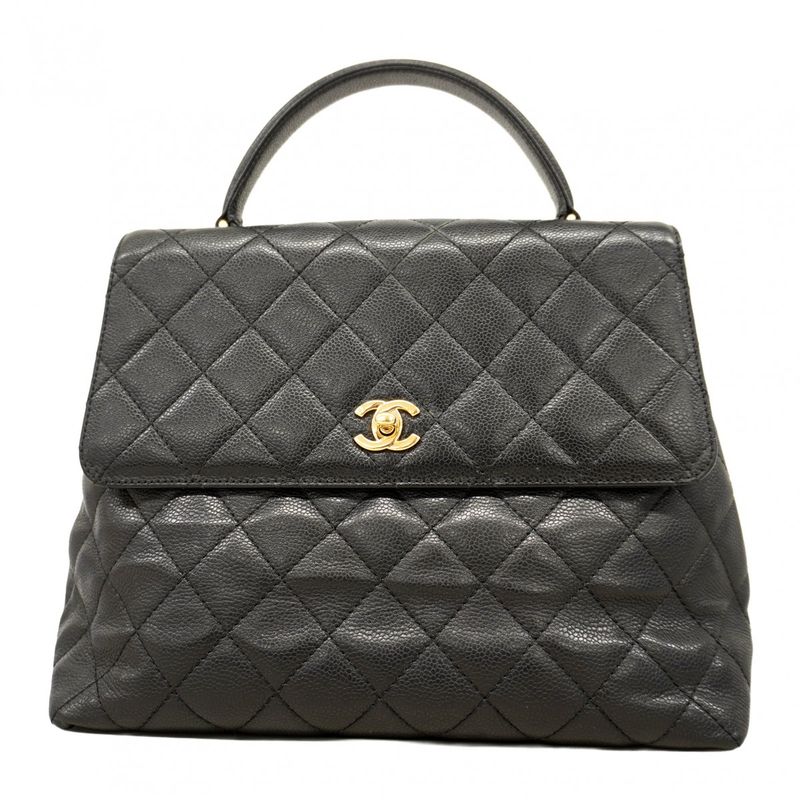 Chanel Handbag Matelasse Caviar Skin Black Gold Hardware Women