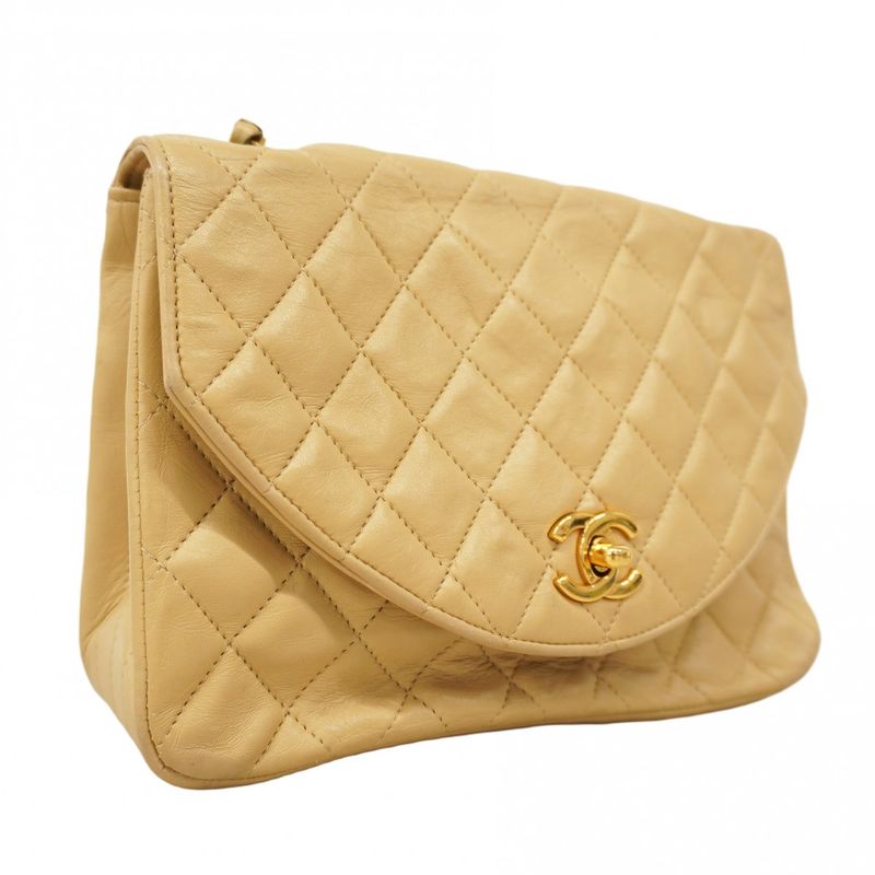 Chanel Shoulder Bag Matelasse Lambskin Beige Gold Hardware Women
