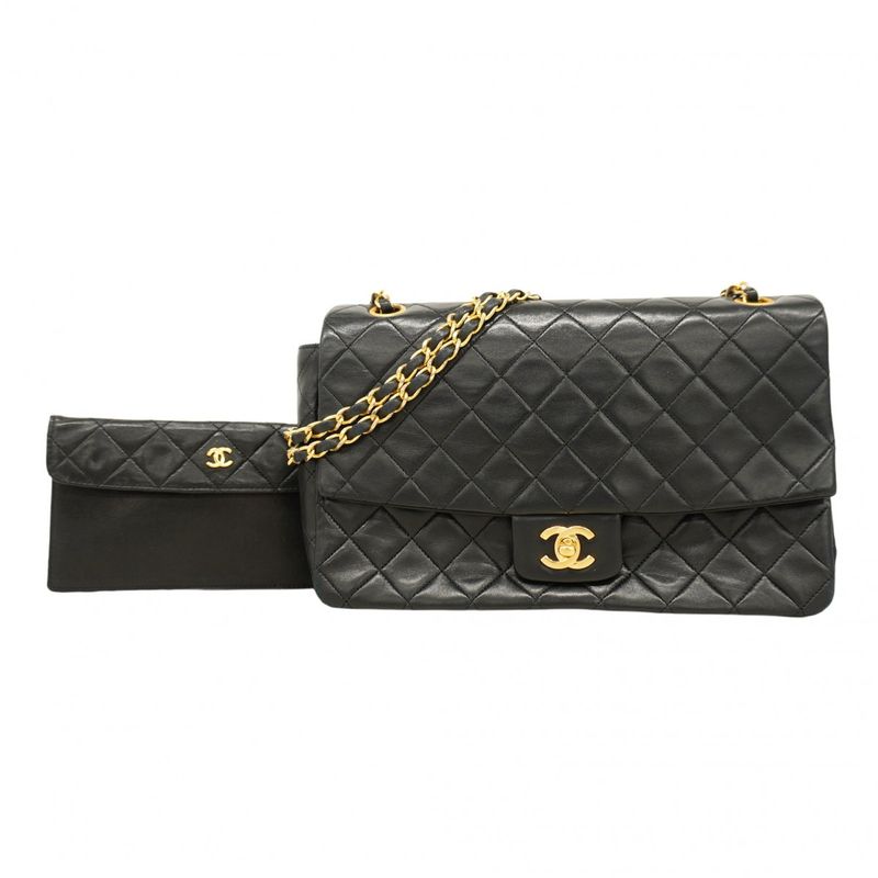 Chanel Shoulder Bag Matelasse Lambskin Black Gold Hardware Women