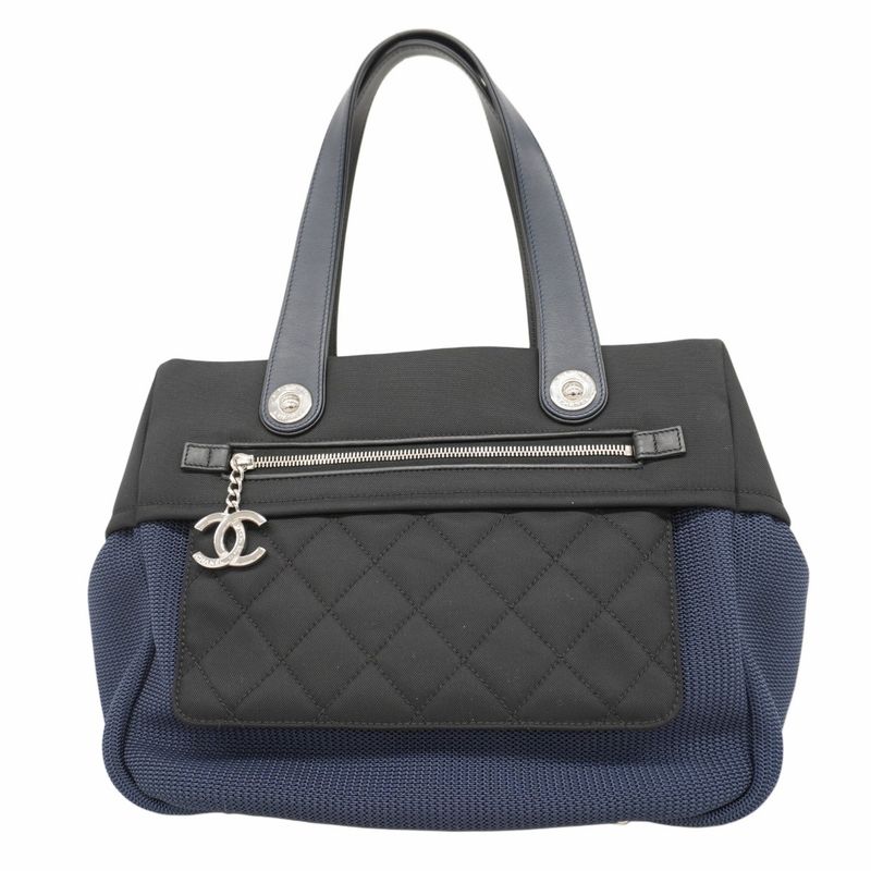 Chanel Tote Paris Biarritz Nylon Navy Black Silver Hardware Women's